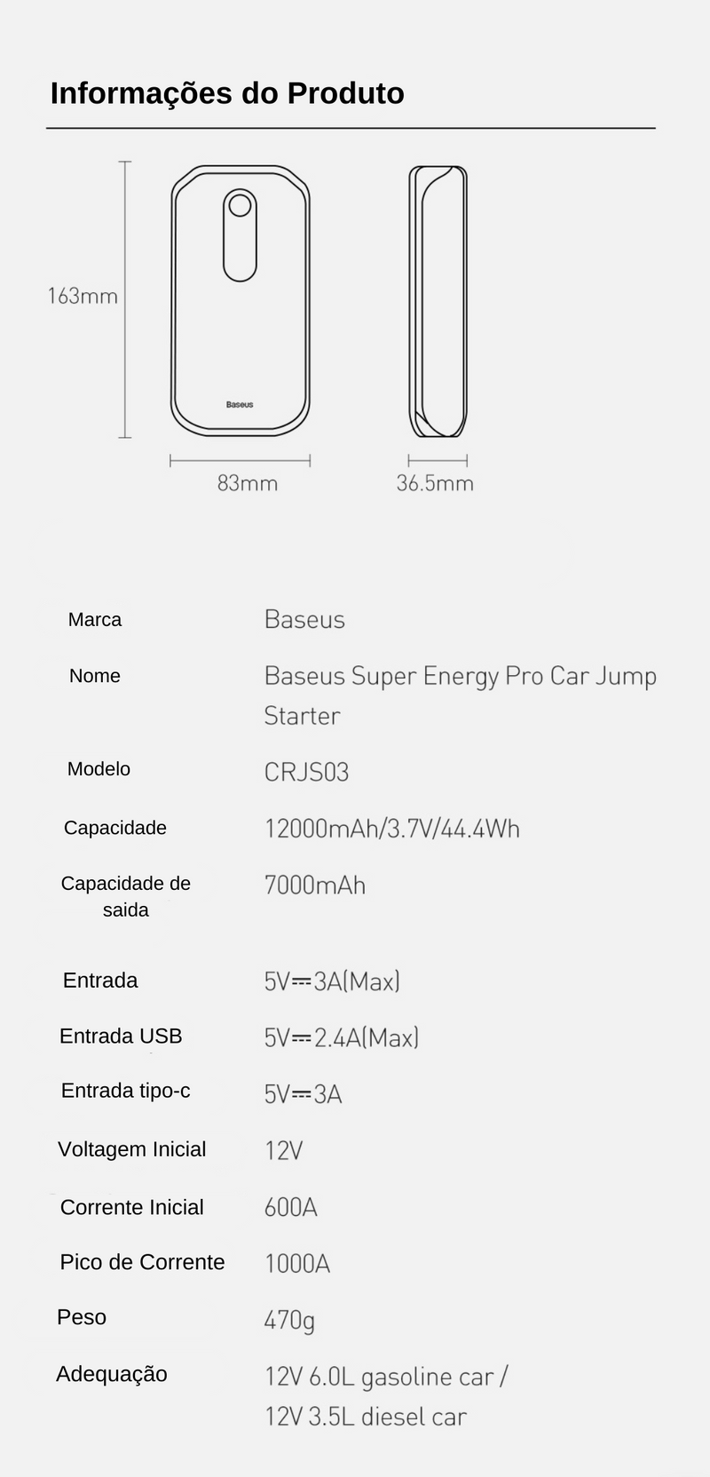 Auxiliar de partida 10000mAh e Power Bank 2000A